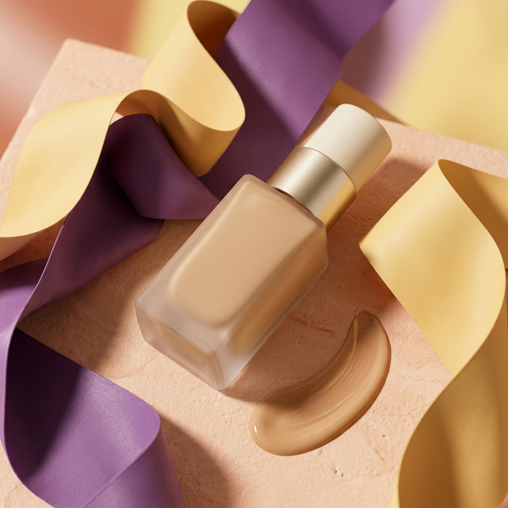 Foundation bottle with lilac and yellow sculptural ribbons