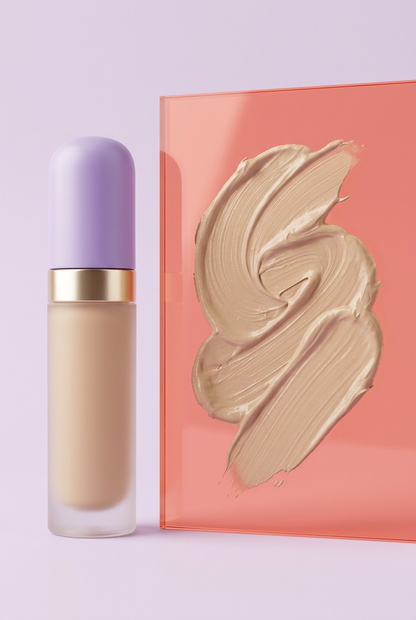 Concealer packaging beside an illustrative beige cosmetic swatch.