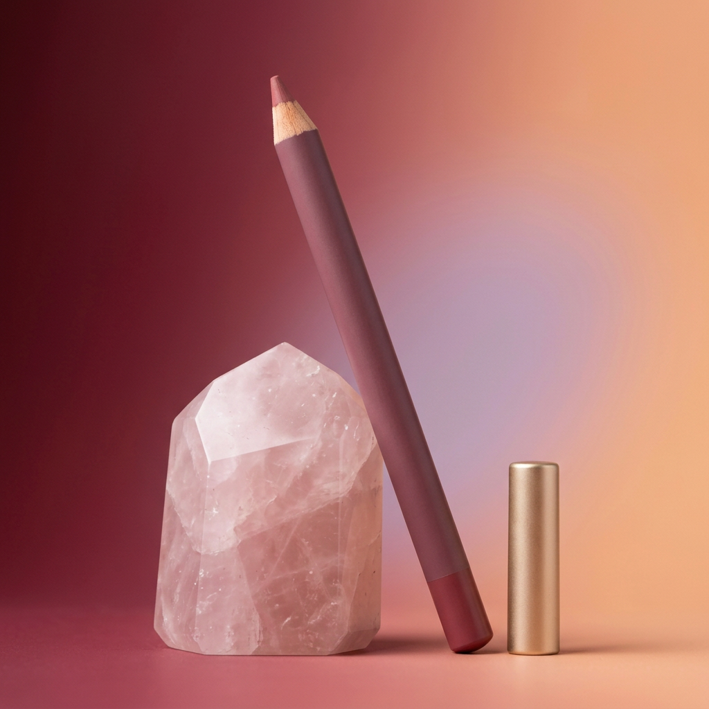 Mauve lip liner beside rose quartz and gold cap