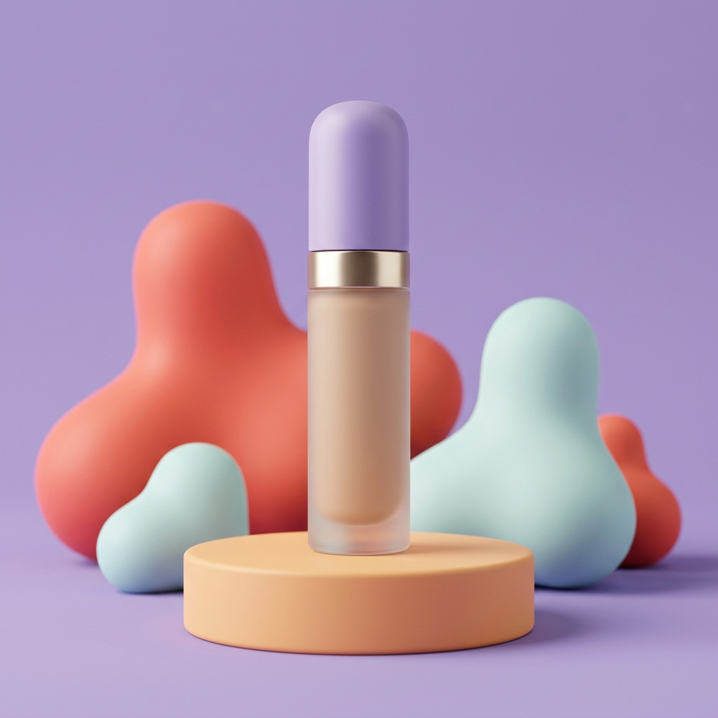 Concealer concept with lavender cap and gold collar on an apricot pedestal.