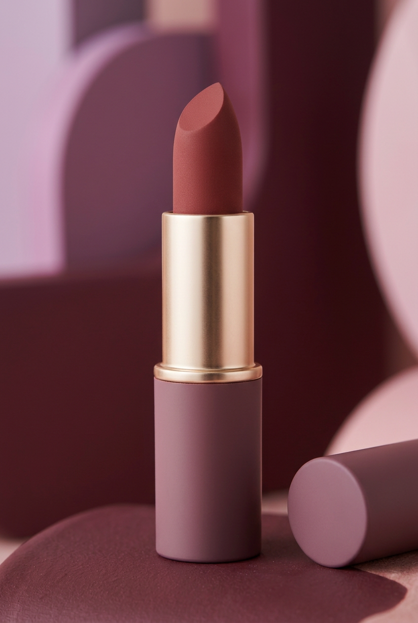 Detail of the logo-free mauve lipstick casing and champagne-gold barrel.