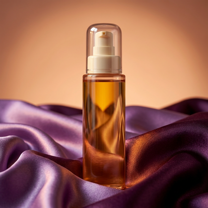 Unbranded peach cleansing oil bottle styled with lavender and plum satin