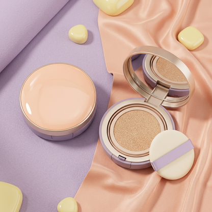 Matching cushion compacts styled on peach silk and lavender paper