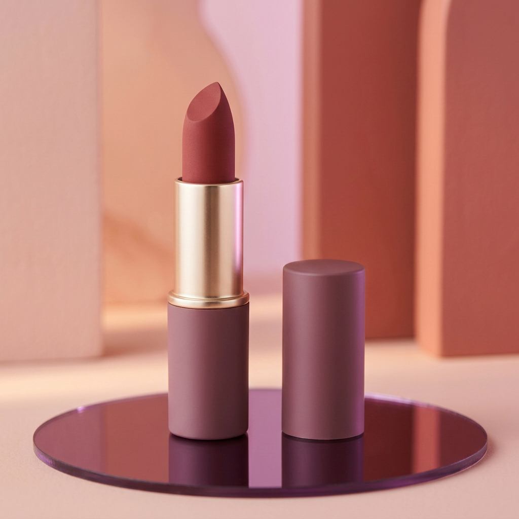 Open rosewood matte lipstick with champagne-gold barrel and plain mauve cap on a reflective plum pedestal.