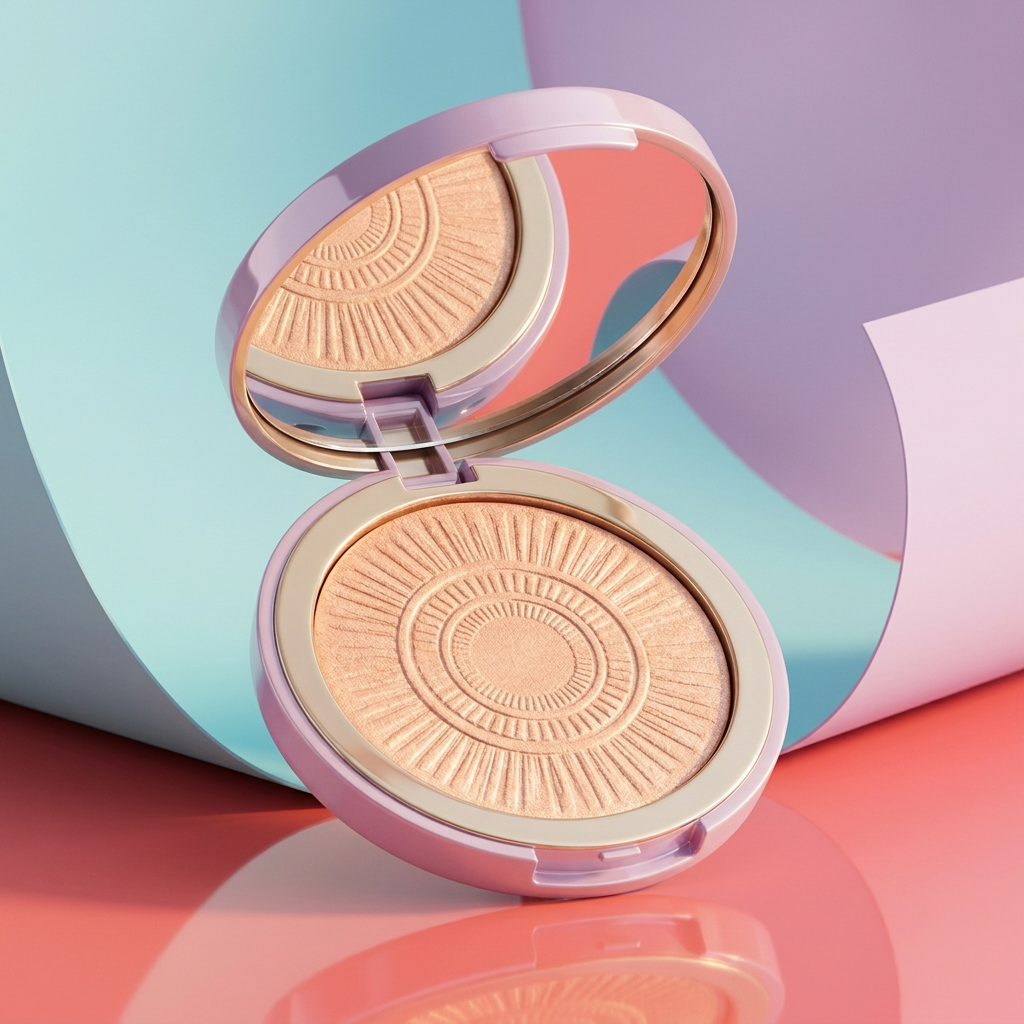 Same open lilac champagne-peach highlighter compact against aqua lilac and coral studio scenery