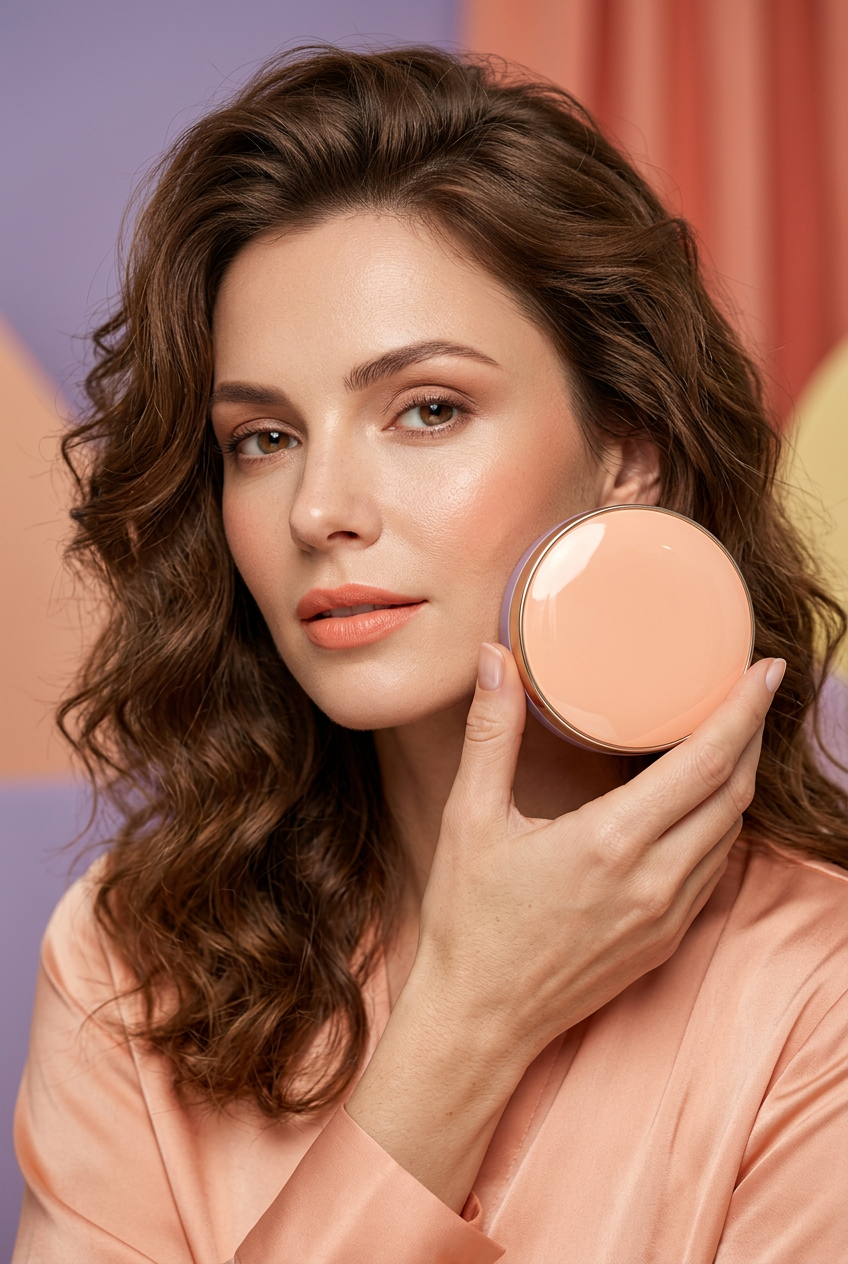 Adult model holding the peach cushion compact beside her face