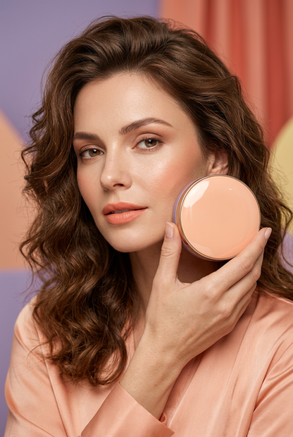 Adult model holding the peach cushion compact beside her face