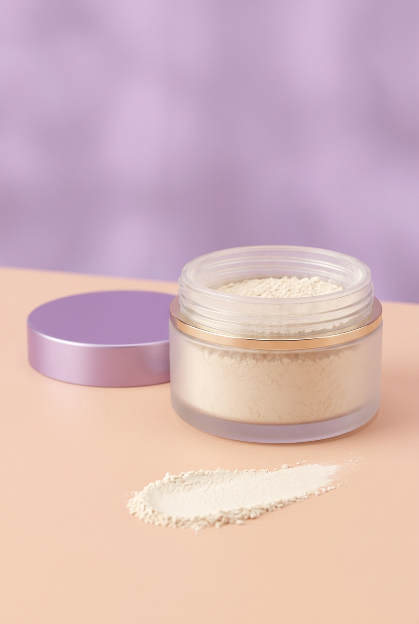 Open ivory loose powder jar with lavender lid and powder texture