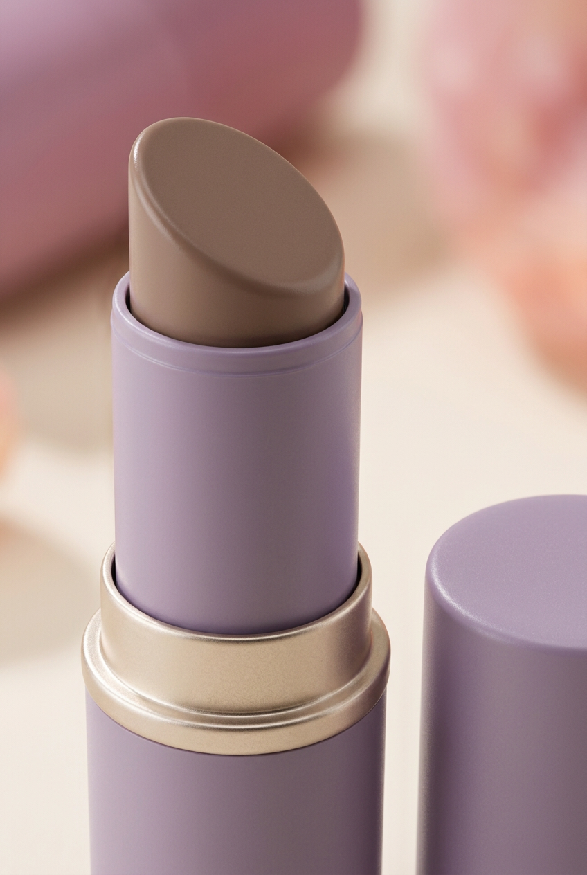 Close-up of the contour stick's angled taupe tip and lavender packaging.