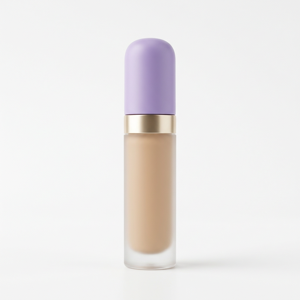 Unbranded concealer concept with lavender cap and gold collar on white.