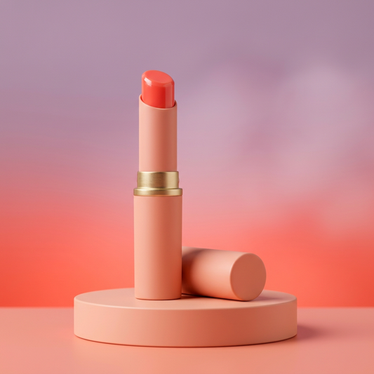 Rose-coral tinted lip balm in peach packaging on a peach pedestal