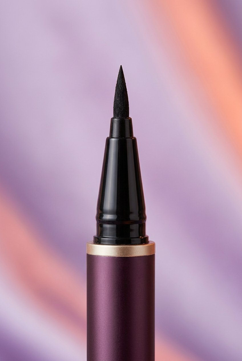 Close-up of the black felt tip and black applicator housing with a narrow gold collar and plum barrel.