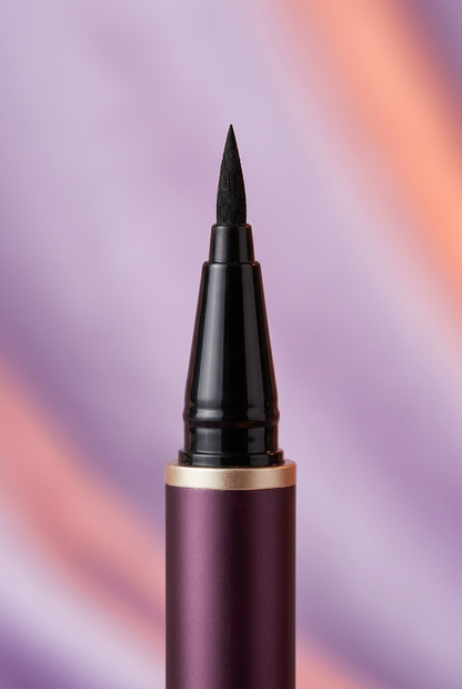 Close-up of the black felt tip and black applicator housing with a narrow gold collar and plum barrel.