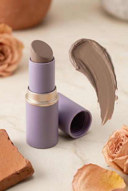 Contour stick beside an illustrative taupe makeup swatch.