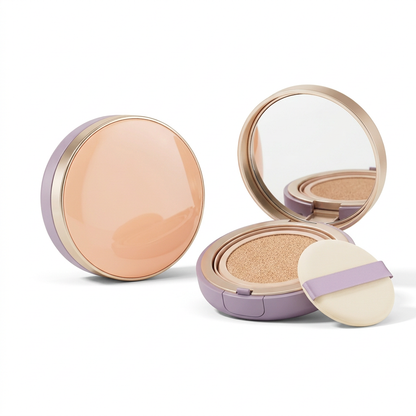 Unbranded cushion foundation compact and puff on a white background