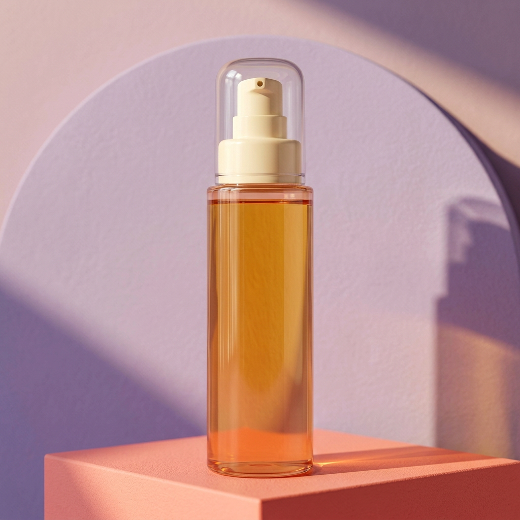 Unbranded peach-tinted cleansing oil bottle with ivory pump and clear cap on a coral podium against a lilac backdrop