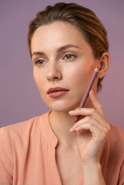Adult brunette model holding unbranded mauve lip pencil