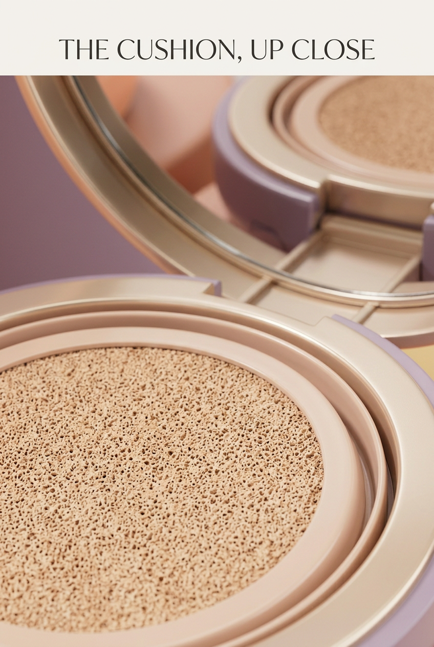 Close-up of the beige cushion surface inside the lilac compact