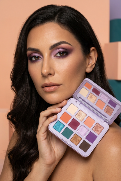 AI-generated brunette adult model holding the open palette