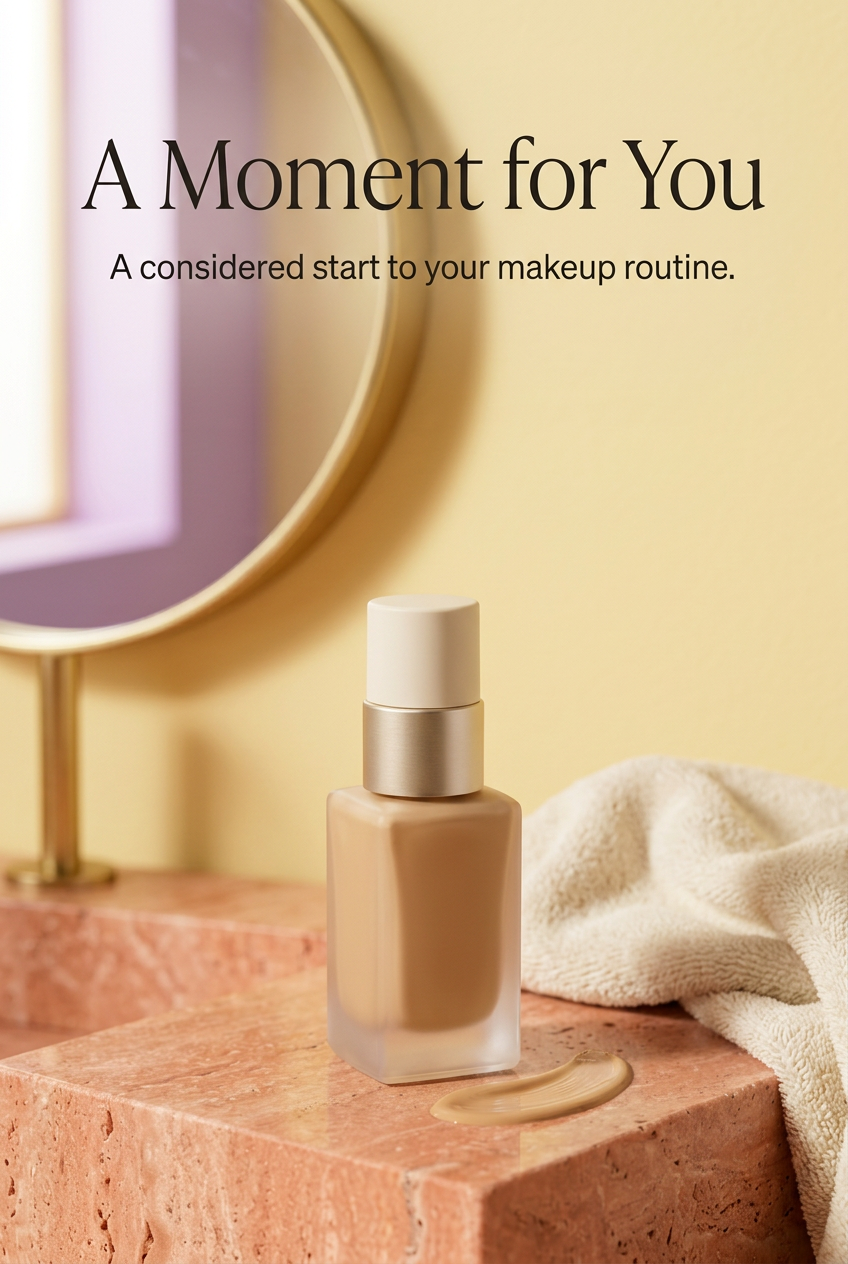 Foundation bottle beside mirror and cream towel