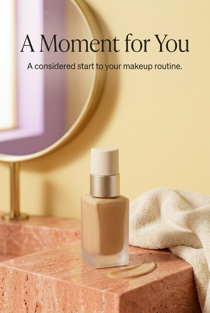 Foundation bottle beside mirror and cream towel