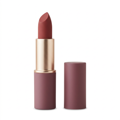 Unbranded mauve and champagne-gold rosewood lipstick and matching cap on a white background.