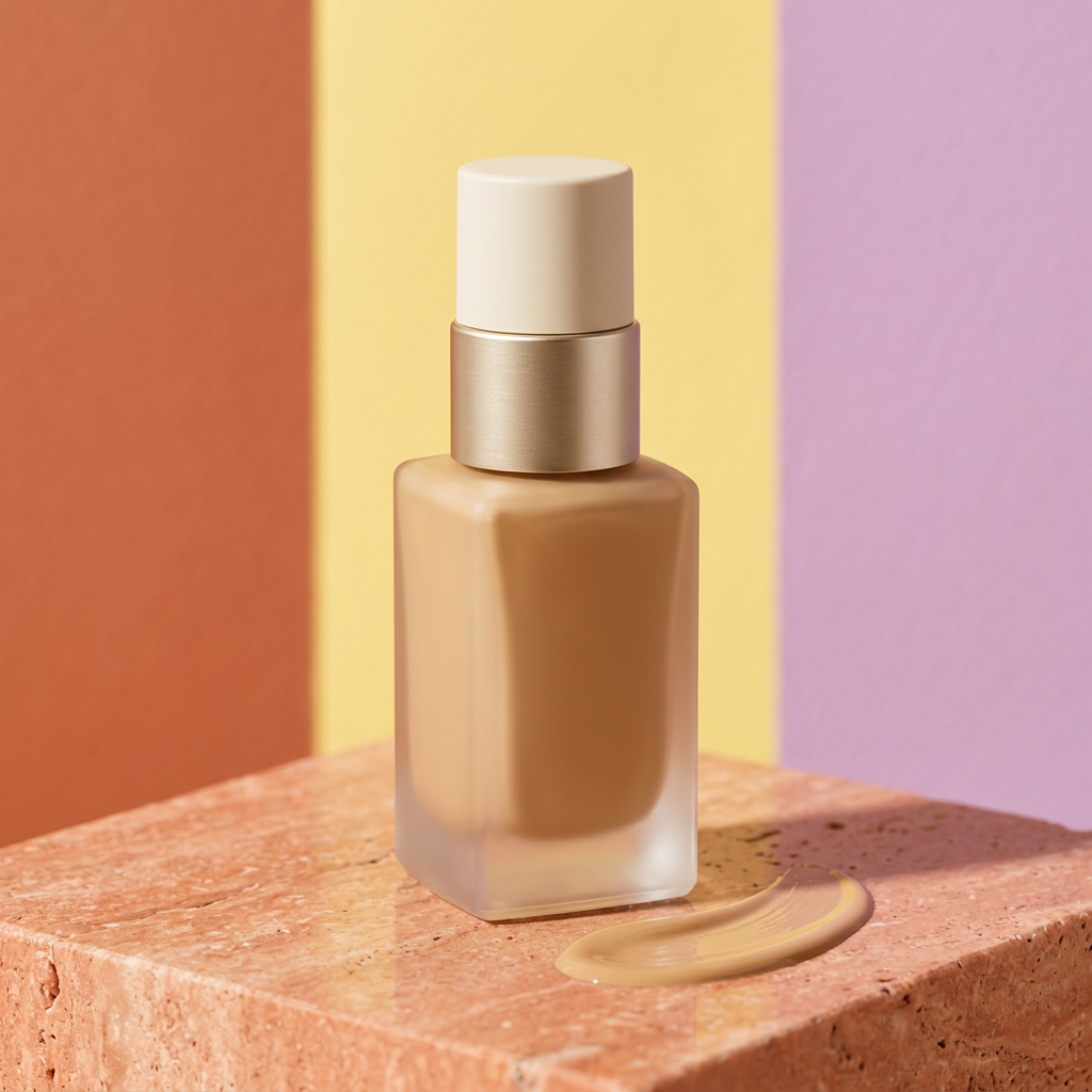 Unbranded foundation bottle on coral stone with yellow and lavender background