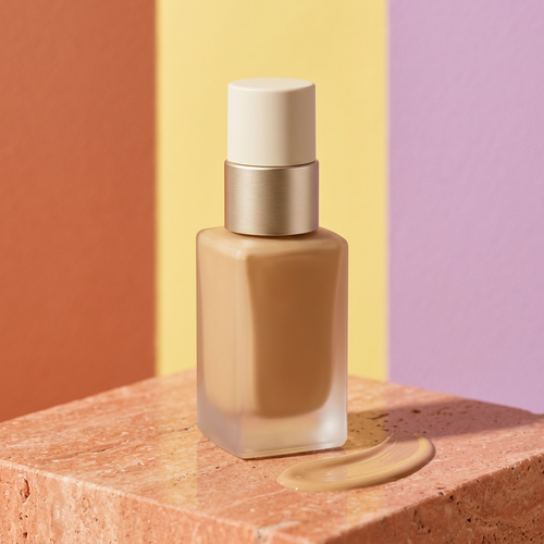 Unbranded foundation bottle on coral stone with yellow and lavender background
