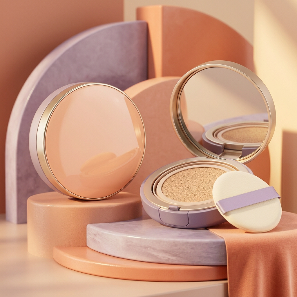 Open cushion compact and puff against colorful sculptural shapes