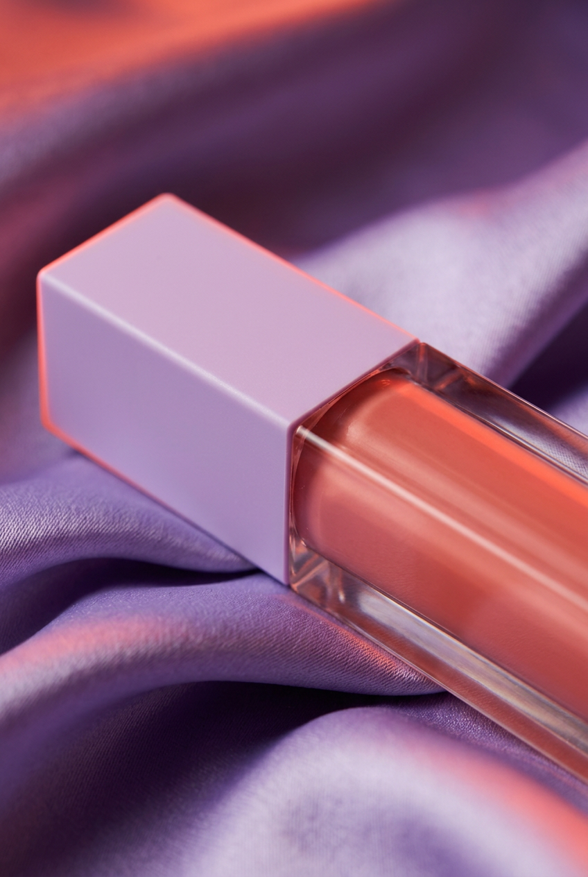 Detail 2: lilac cap and clear tube close-up on satin