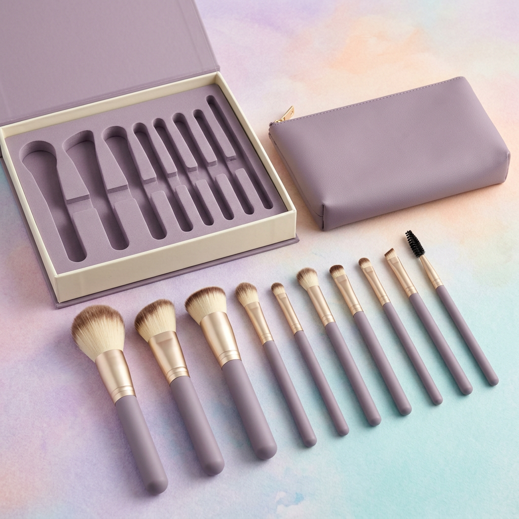 Lavender makeup brush set with ivory presentation box and matching pouch