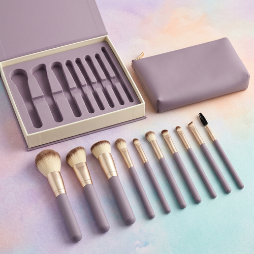 Lavender makeup brush set with ivory presentation box and matching pouch