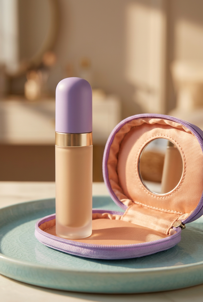 Concealer concept beside a lavender pouch and mirror, props not included.