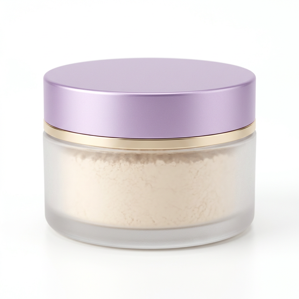 Unbranded lavender and gold loose setting powder jar on pure white background