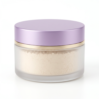 Unbranded lavender and gold loose setting powder jar on pure white background