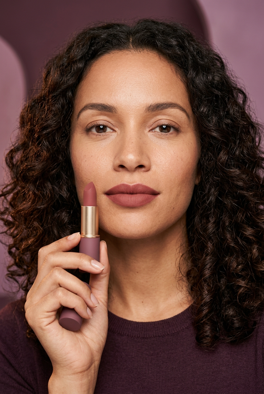 Curly-haired adult model holding the rosewood lipstick beside her chin.