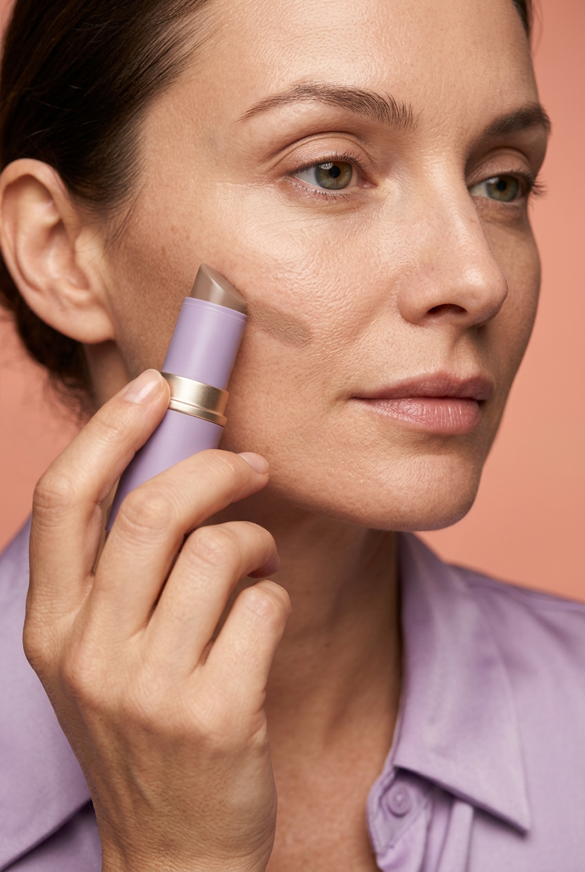 Illustrative cheek contour placement with a model holding the contour stick.