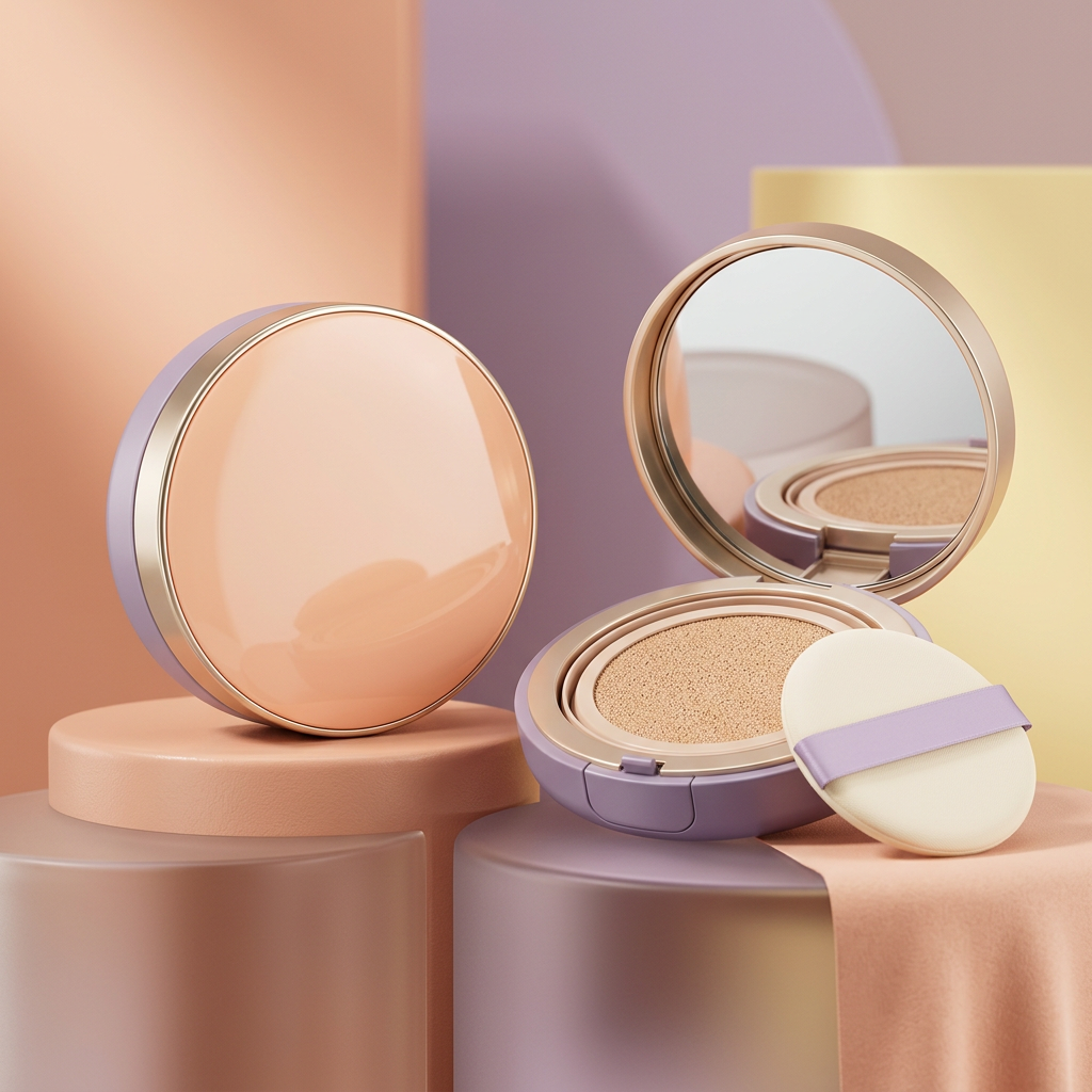 Unbranded peach and lilac cushion foundation compacts with ivory puff on pastel pedestals