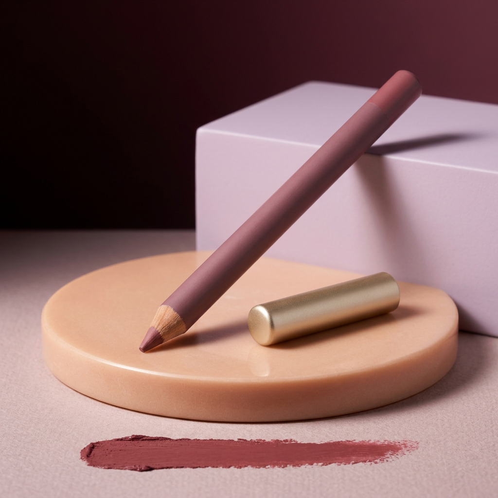 Unbranded mauve lip liner with gold cap on peach plinth