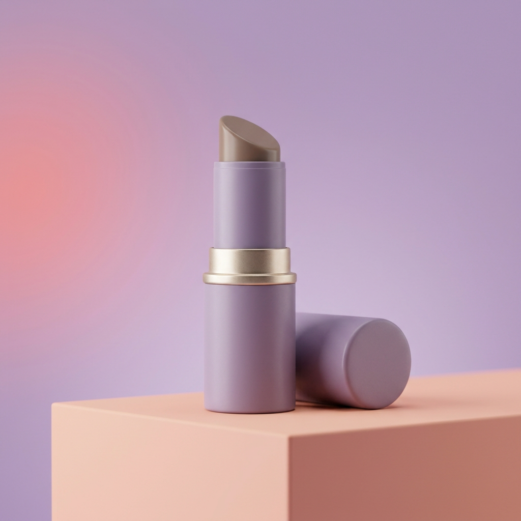 Taupe contour stick in logo-free lavender and champagne packaging against a peach and lavender studio backdrop.