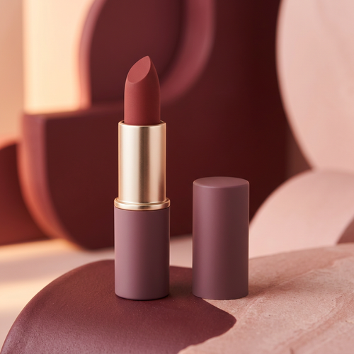 Unbranded rosewood matte lipstick in a dusty mauve and champagne-gold case against a blush and burgundy sculptural background.