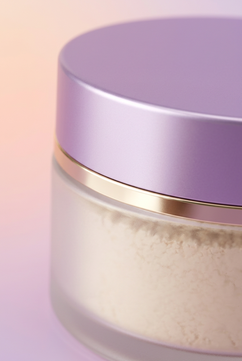 Close-up of blank lavender lid champagne-gold collar and frosted powder jar