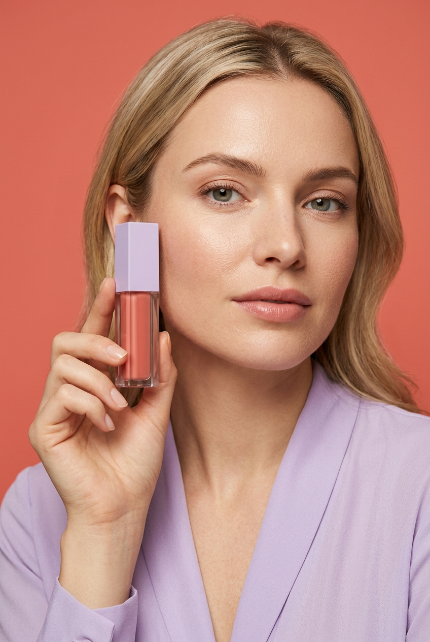 AI-generated blonde adult model holding the lip gloss