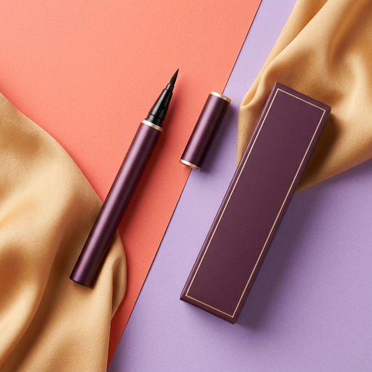 Overhead view of plum eyeliner with cap and matching carton on coral and lavender surfaces.