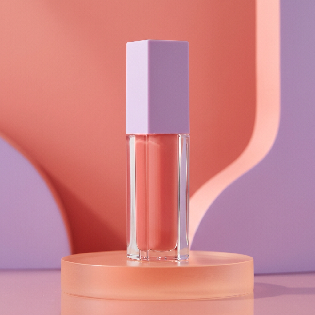 Main image 1: peach-rose lip gloss with a lilac cap on a coral pedestal